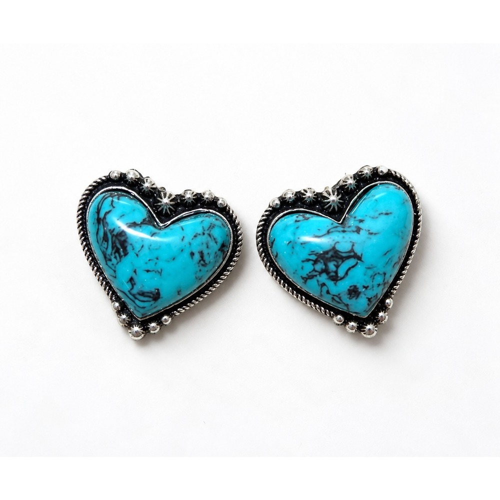 Western Heart Stud Earrings Turquoise Howlite Stone Silver Concho Cowgirl Jewelr